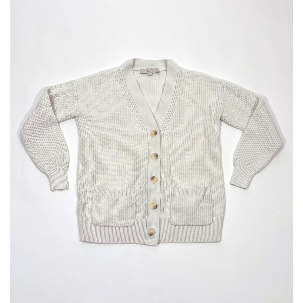 Loft Cardigan Sweater Button Front V Neck White Cotton - Size XS